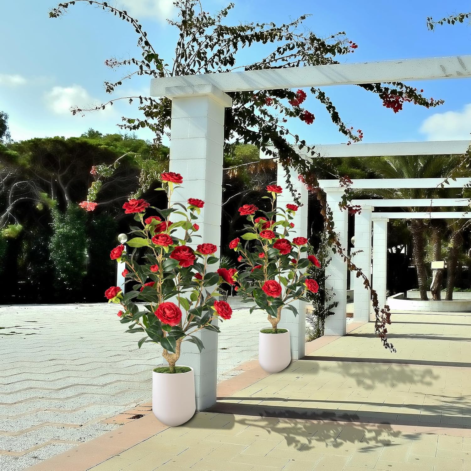 Artificial Camellia Tree Set of 2 - Red Flowers Realistic Design