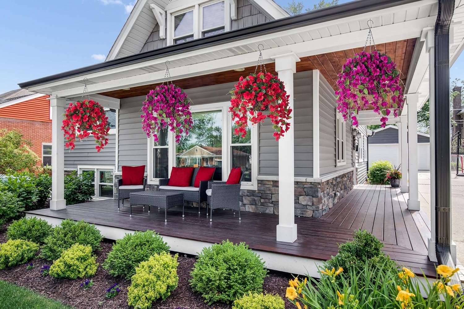 HyeFlora Artificial Hanging Hibiscus Flowers Red Basket