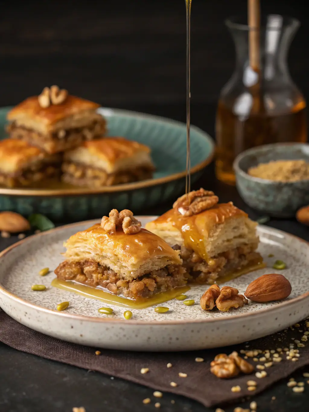 A golden-brown piece of Baklava drizzled with honey syrup, showcasing its flaky layers and nutty filling, perfect for a warm spring dessert.