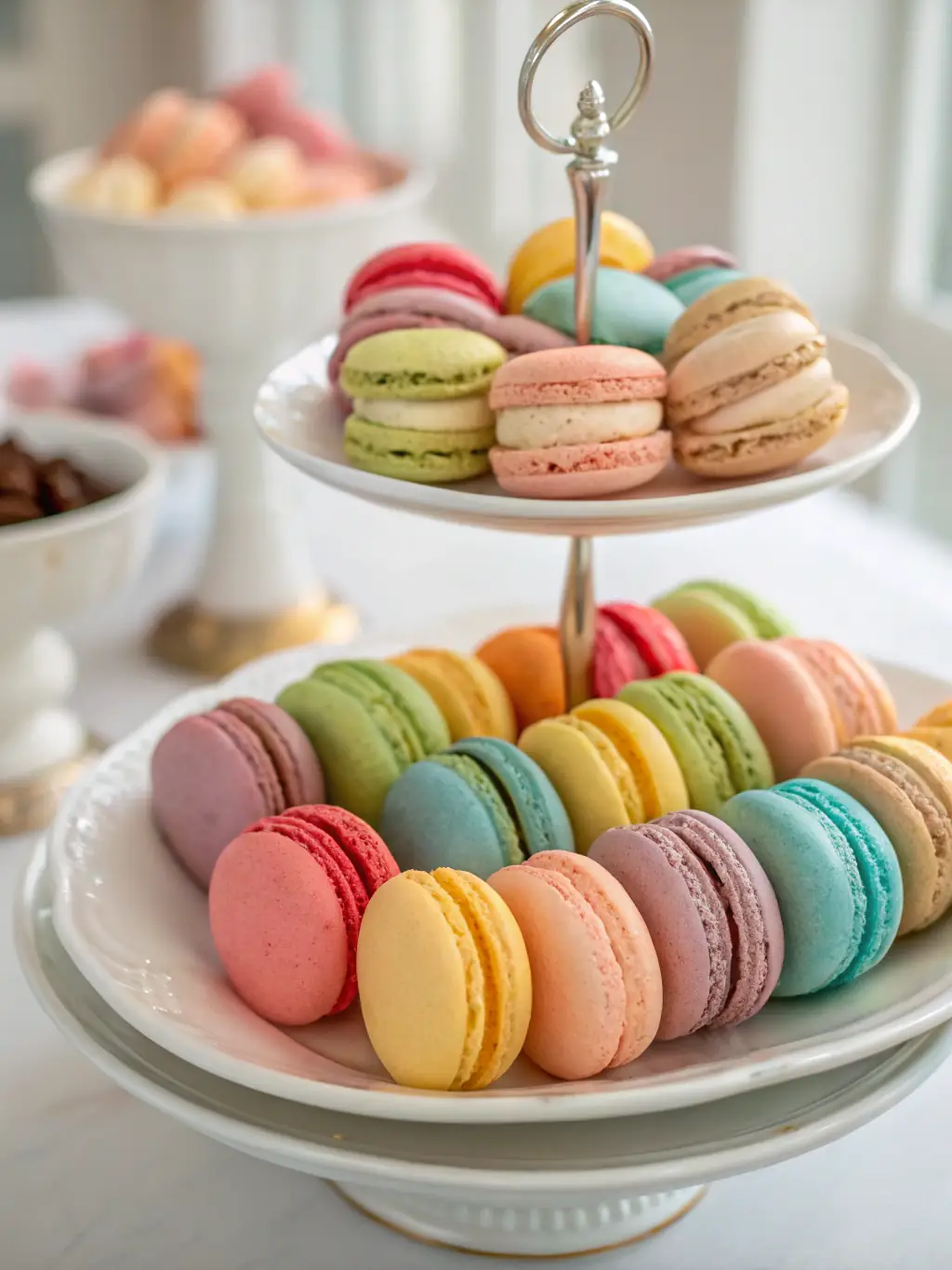 A close-up shot of French Macarons arranged in a festive spring display, showcasing pastel colors and delicate textures, perfect for Easter or springtime celebrations.