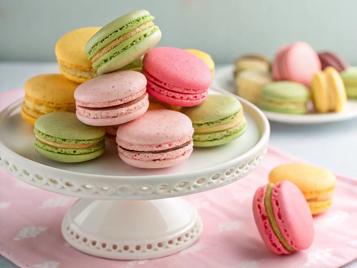 A close-up shot of French Macarons in pastel colors, arranged elegantly on a tiered display, highlighting their delicate texture and vibrant hues, perfect for showcasing the luxury and artistry of French confectionery.